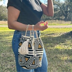 Geometric Patterned Black and White Tote Bag